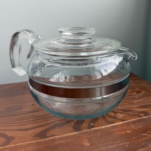 Pyrex Flameware Vintage 6 Cup Teapot Kettle Glass Stainless Metal 8446-B w Lid